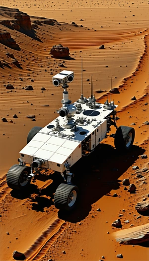 A White And Silver Robotic Vehicle, Possibly A Rover, Parked On A Red Dirt Surface