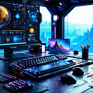 (futuristic:1.44) Digital Workspace With Image, There