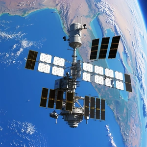 A Space Station Floating In The Sky, With A Large Satellite Dish On The Bottom