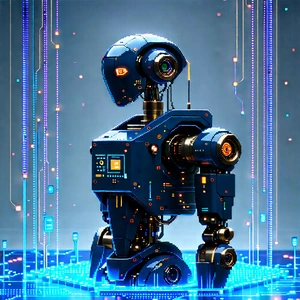 Robot With Data Streams With Futuristic Robot