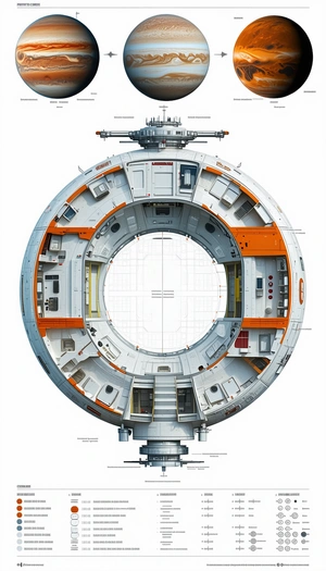 The Image Is A Detailed Drawing Of A Space Station, Showcasing Its Various Components