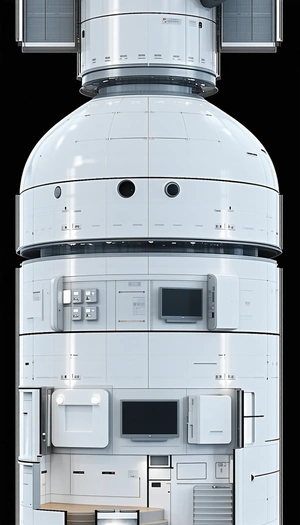 A Large White Spacecraft Is Shown In A Three-dimensional View