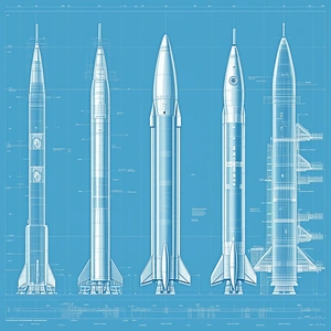 The Image Is A Blue Drawing Of Three Different Types Of Rockets