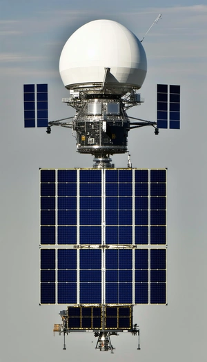 A Large Satellite Dish With A Blue And White Color Scheme