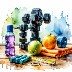 Lifestyle Watercolor Painting: Wellness Scene With Fitness Equipment With Image, There