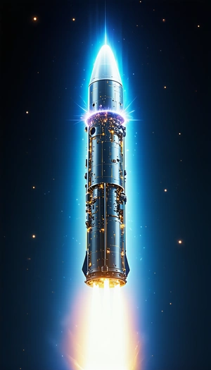 A Rocket Ship Is Shown In A Blue Background, With A Bright Light Shining On It