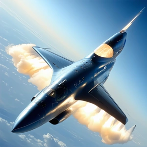 A Blue And Black Jet Is Flying Through The Sky, Leaving A Trail Of Smoke Behind It