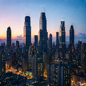 Urban Cinema 4d: Cityscape Of Urban Skyline During Sunrise With Black White