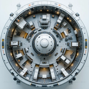 The Image Is A 3d Model Of A Large, Round, White Structure With Many Compartments