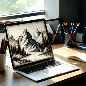 Business Etching: Workplace with laptop and coffee on desk