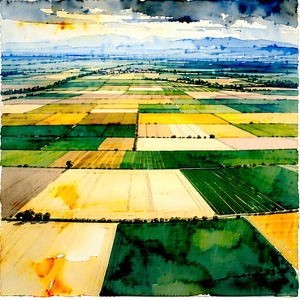 Nature Watercolor Painting: Aerial view of agricultural fields
