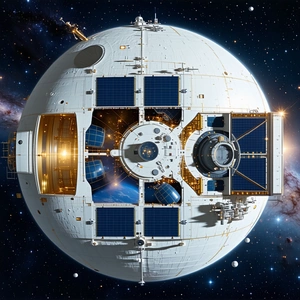 A Large White Space Station With A Dome-shaped Structure