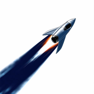 A Rocket Is Shown In A White Background, With A Blue Trail Behind It