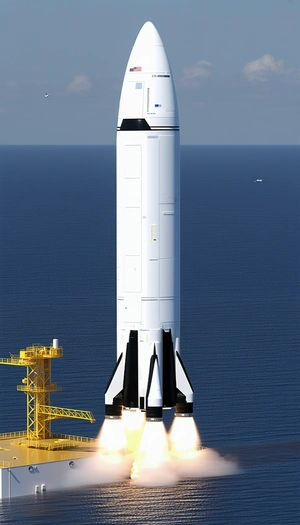 A Large White Rocket Ship, Likely A Space Shuttle, Sitting On Top Of A Yellow Structure
