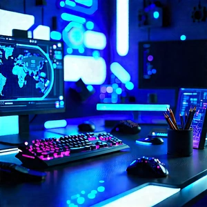 (futuristic:1.1) Tech Startup Office With Computer Desk