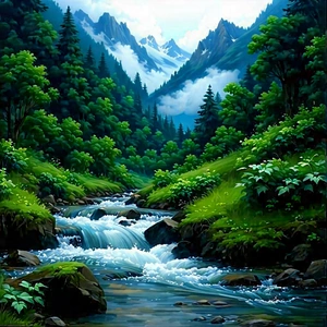Nature Concept Art: Mountain Stream Surrounded By Lush Vegetation With Beautiful Scene