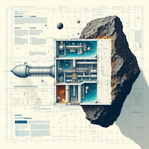 A Large Rock Is Sitting On Top Of A Blueprint, Which Is A Drawing Of A Space Station