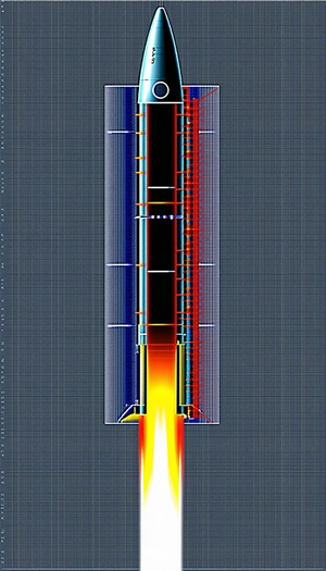 A Computer Graphic Of A Rocket Is Shown In A Blue, Red, And Yellow Color Scheme