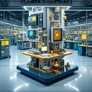 The image features a large, futuristic-looking computer tower with ...