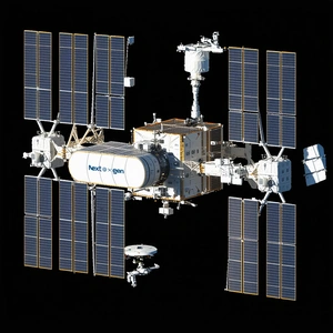 A Large Space Station With A White And Blue Color Scheme