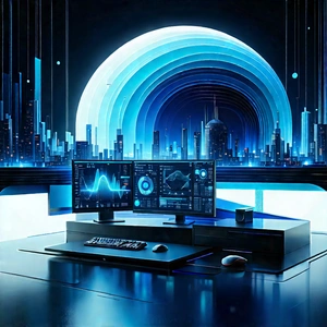 Futuristic (digital:1.19) Workspace With Image, There