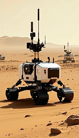 A White Robotic Vehicle With A Large Camera On Its Front, Driving Across A Sandy Terrain