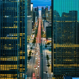 Urban Drone Photography: Cityscape Of Downtown District During Rush Hour With Busy City