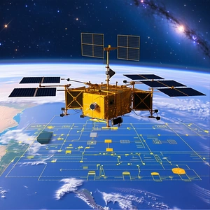 A Spacecraft With A Large Satellite Dish On Its Side, Flying Through The Sky