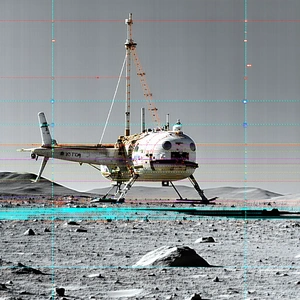 A Large White Spacecraft Is Sitting On A Rocky Surface, Possibly On The Moon