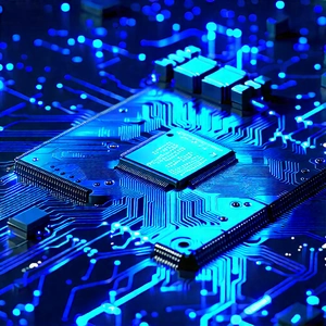 Circuit board with blue light (glow:1.19)