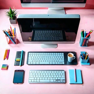 Business Aerial Photography: Workplace with (modern:1.47) office supplies on desk