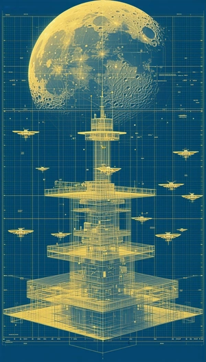 A Large, Futuristic Building Is Depicted In A Blue Drawing