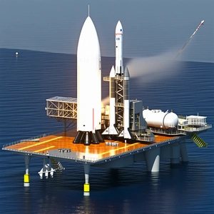 A Large White Rocket Ship Is Docked On A Floating Platform In The Ocean