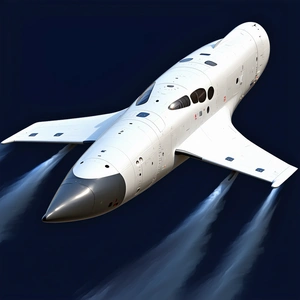 A White Space Shuttle Is Flying Through The Air, Leaving A Trail Of Smoke Behind It