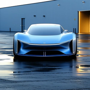 The image features a blue sports car parked in a parking lot.