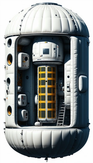 A Large White Spacecraft Is Shown In A Three-dimensional View