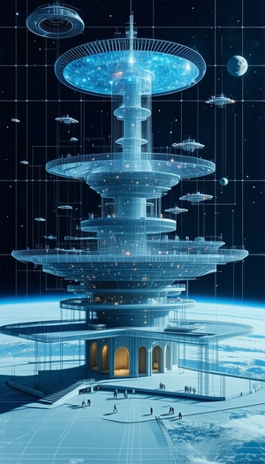 A Futuristic City With A Large, Tall Building That Resembles A Space Station