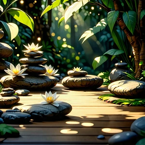 Lifestyle Woodcut Print: Wellness Scene With Natural (lighting:1.23) With Image, There