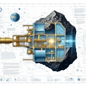 A Large, Detailed Drawing Of A Space Station Is Shown, With A Large Rock In The Center
