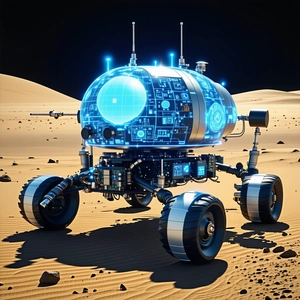 A Futuristic Robot Is Sitting On A Rocky Surface, With A Dirt Ground Beneath It