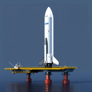 A White Rocket Ship Is Sitting On Top Of A Yellow Platform In The Ocean
