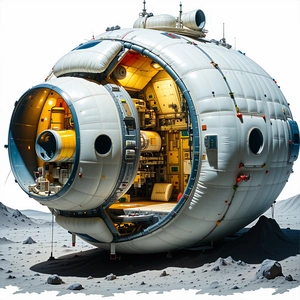 A Large White Spacecraft Is Shown In A Drawing, With A Large Round Window On The Side