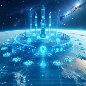 A Futuristic City With A Large, Blue, And Glowing Structure In The Center