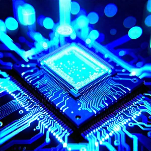 Microchip With Blue Light Glow With Close-up Computer