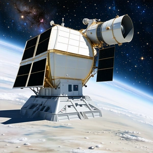 A Spacecraft With A Large Dish Antenna On Top Of It