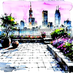Urban Ink Drawing: Rooftop garden with sightseeing