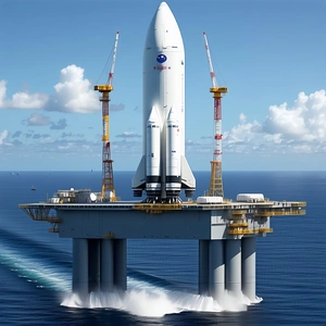 A Large White Rocket Ship, Possibly A Space Shuttle, Docked On A Floating Platform In The Ocean