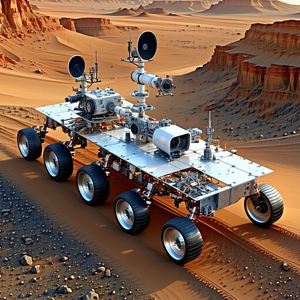 A Large, Silver, Four-wheeled Vehicle With A Flatbed, Driving On A Dirt Road