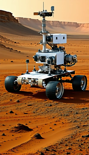 A Large Robotic Vehicle, Possibly A Rover, Driving Across A Red Dirt Surface