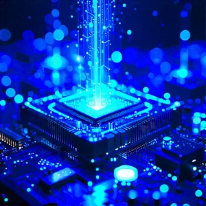 Quantum Computer With Blue Light Glow With Blue White
